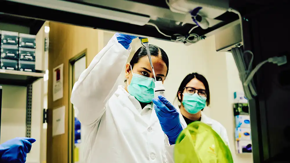 Two students in a lab, working on test tubes. 