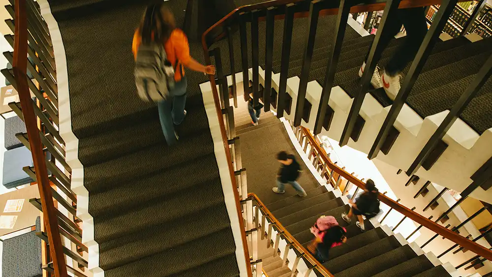 Two students walking up the stairs. 