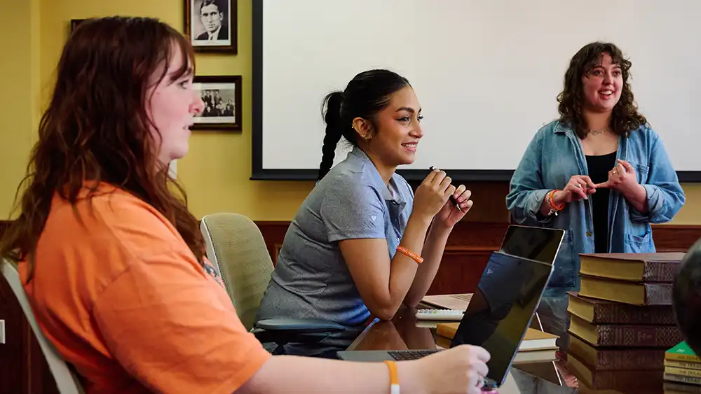 Students engage in a lively discussion.