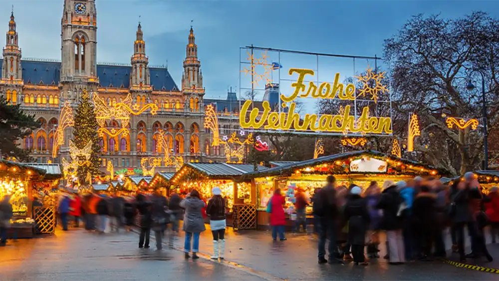 An evening view of the Vienna Christmas Market in Austria