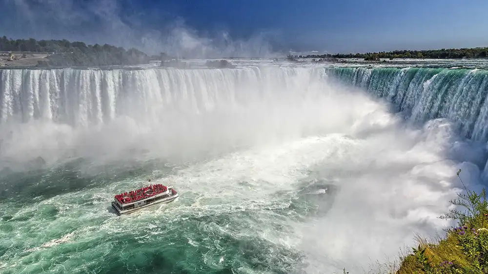 Aerial view of a boat tour of Niagara Falls
