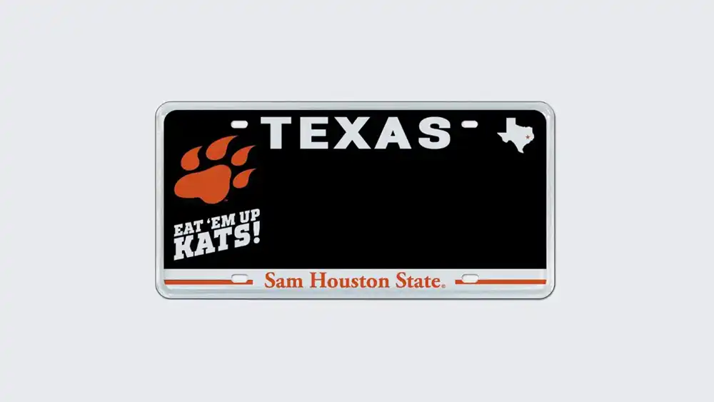 Texas license plate with Sam Houston State and Eat 'Em Up Kats on it
