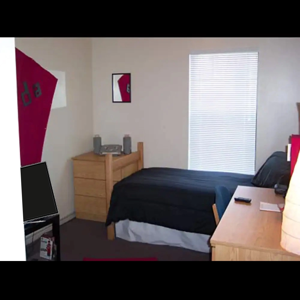 A bedroom at SHSU's Bearkat Village Apartments features a single bed with black bedding and a light gray bed skirt. Next to the bed is a wooden dresser topped with two gray speakers and an electronic device. A wooden desk nearby holds a phone and papers. The room has beige walls, one displaying a framed picture with red and white colors. A window with closed blinds lets in natural light. A small black TV sits on a stand in the corner near another piece of red wall decor.