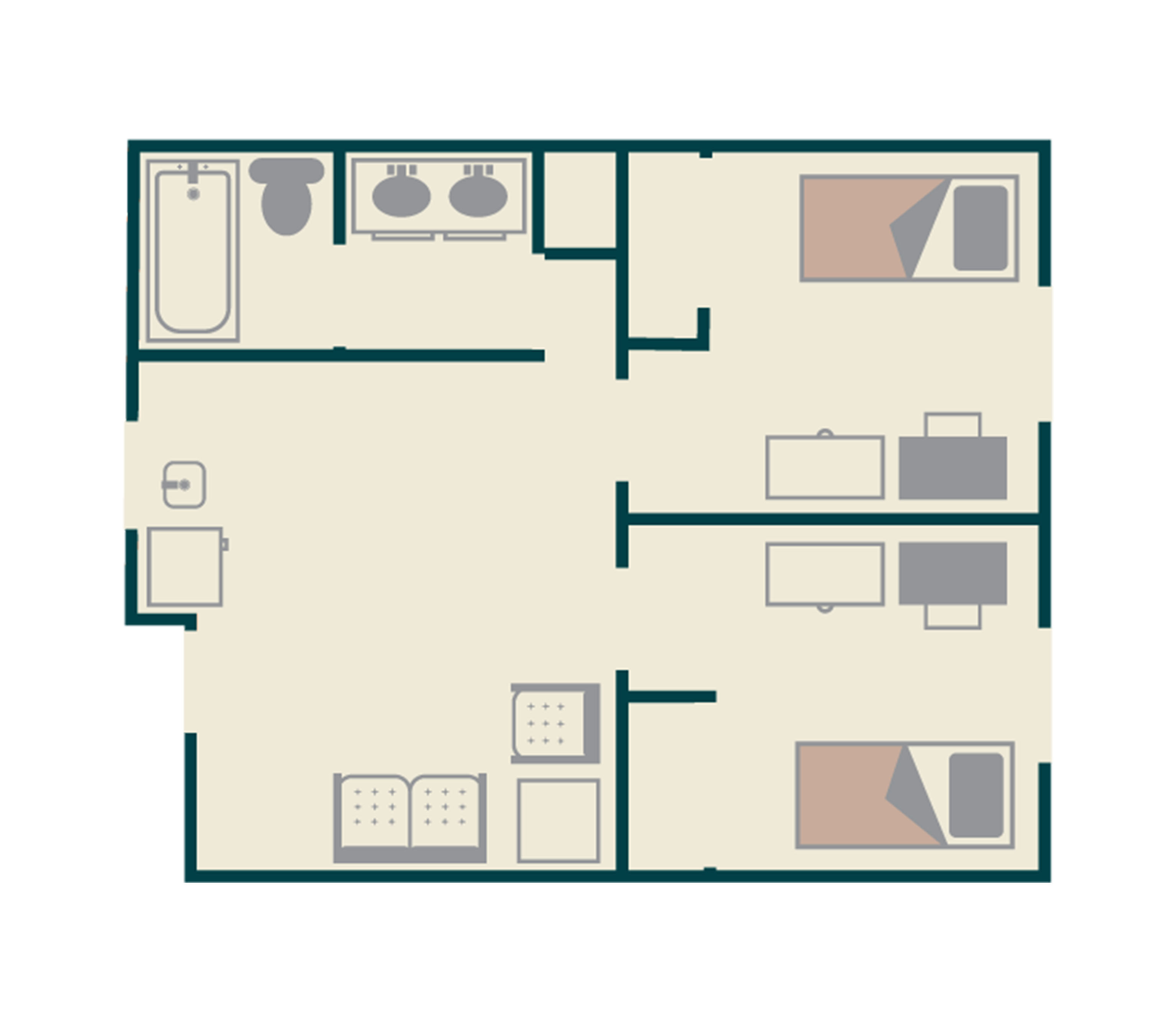 ​​Floor plan of a two-bedroom, one-bathroom apartment in Bearkat Village at Sam Houston State University. Each bedroom includes a bed, dresser, chair, and desk. The shared bathroom features a bathtub/shower, toilet, and double sink vanity. A central common area provides space for seating and storage. The layout is simple and functional, designed for student living.​ 