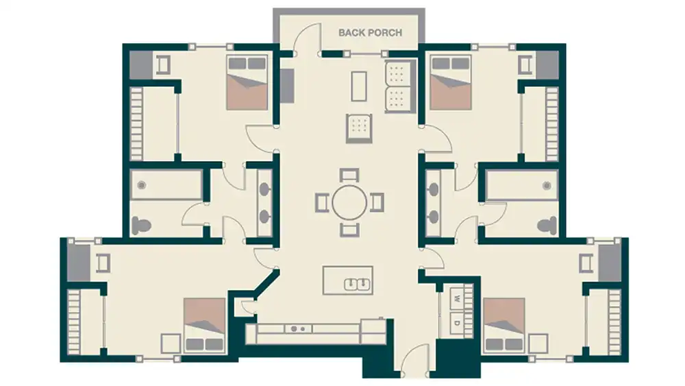 ​​Floor plan of a four-bedroom, four-bathroom apartment at Campus Edge, Sam Houston State University. Each bedroom is located in a corner of the unit and includes a bed, desk, chair, dresser, closet, and a shared jack-and-jill bathroom. The center of the apartment features a shared living room with seating and a dining table. An open kitchen with appliances and counter space is adjacent to the living area. A back porch is accessible from the living room.​ 
