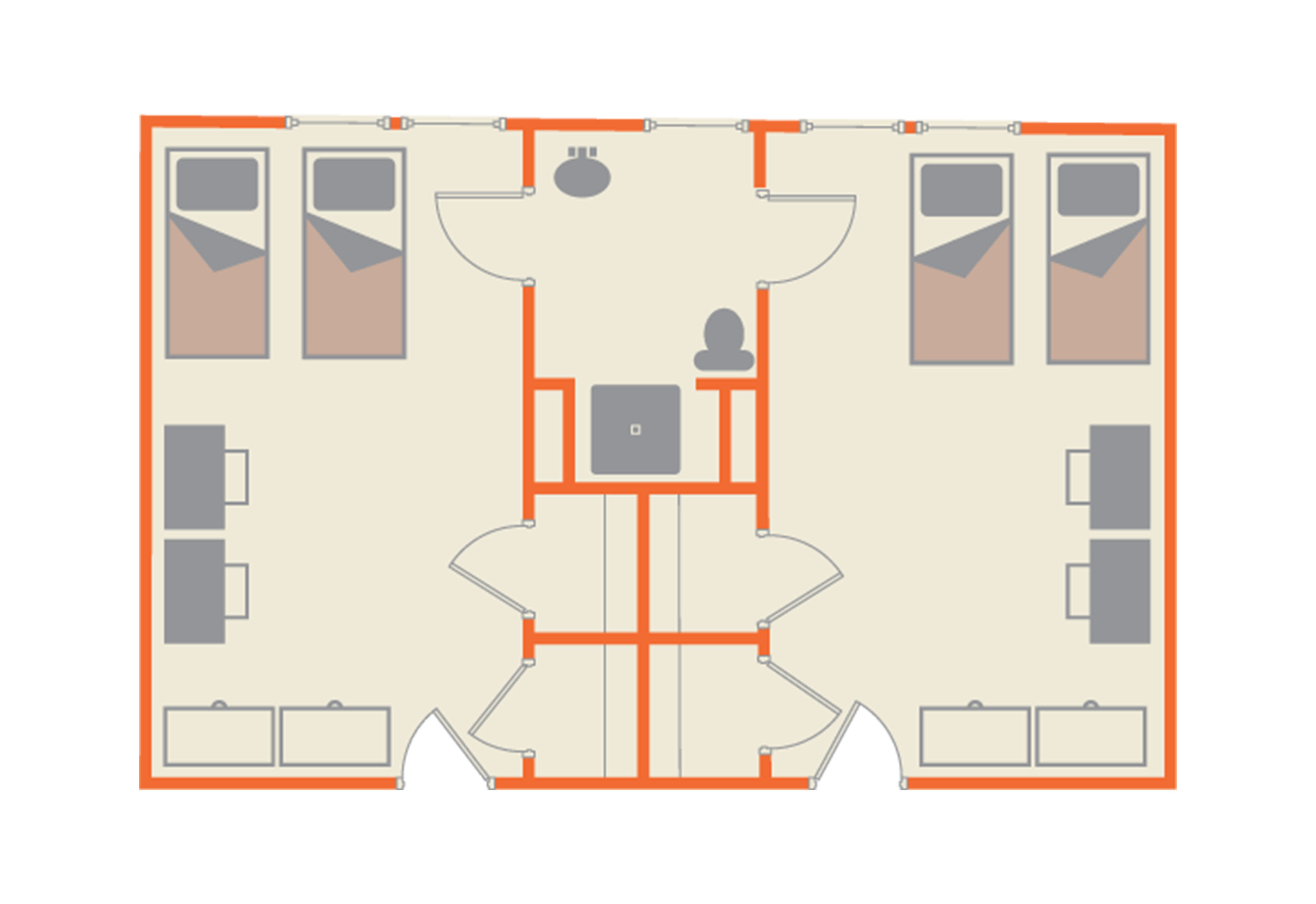 ​​Floor plan layout of a Belvin-Buchanan Hall suite at SHSU, showing two double-occupancy bedrooms, each with two beds, two desks, and storage. The rooms are connected by a shared bathroom with a toilet, sink, and shower. Entrances are at the bottom of the image.​ 