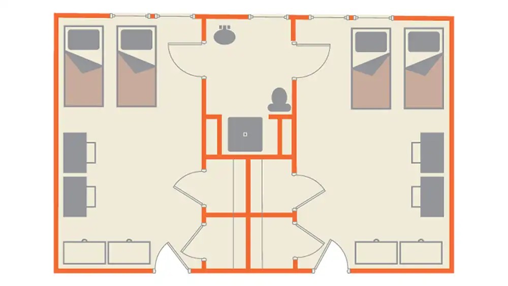 Floor plan layout of an Elliott Hall suite at SHSU, showing two double-occupancy bedrooms. Each room includes two beds, two desks, and closet space. The rooms are connected by a shared bathroom with a shower, toilet, and sink. Entrances are located at the bottom of the image.  
