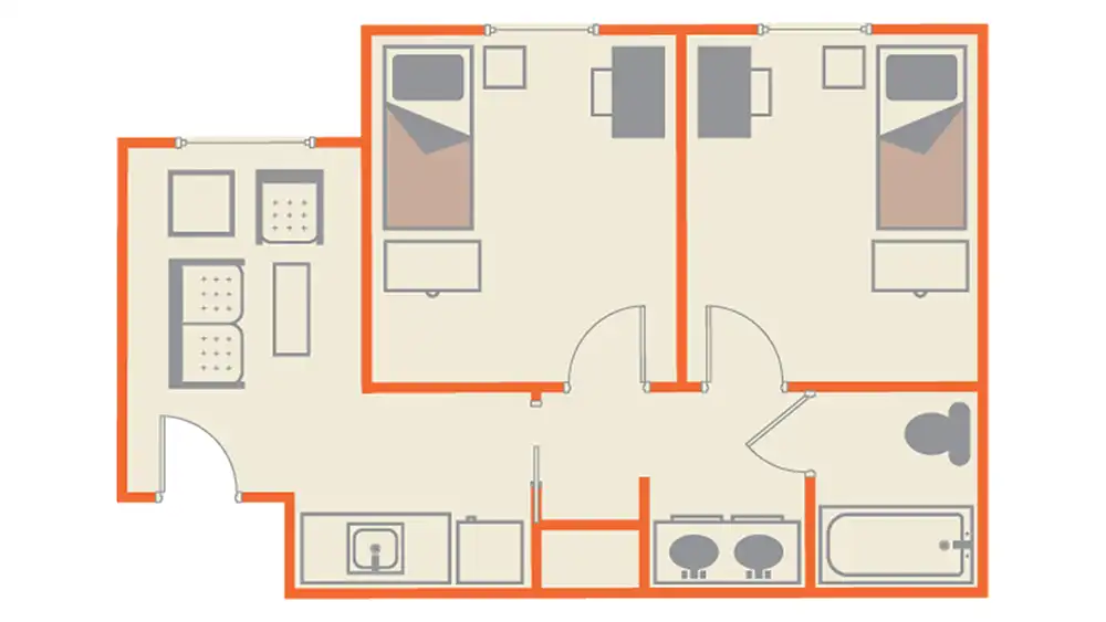 Image Alt Text   ​​The floor plan image of SHSU's Raven Village shows a two-bedroom apartment layout. Each bedroom contains a bed, desk, and storage. The apartment includes a shared bathroom with a toilet and a bathtub; two sinks are located outside the bathroom area. There is also a common area with seating and storage units, as well as a kitchenette area with a sink, microwave, refrigerator, and counter space. The walls are outlined in orange.​ 