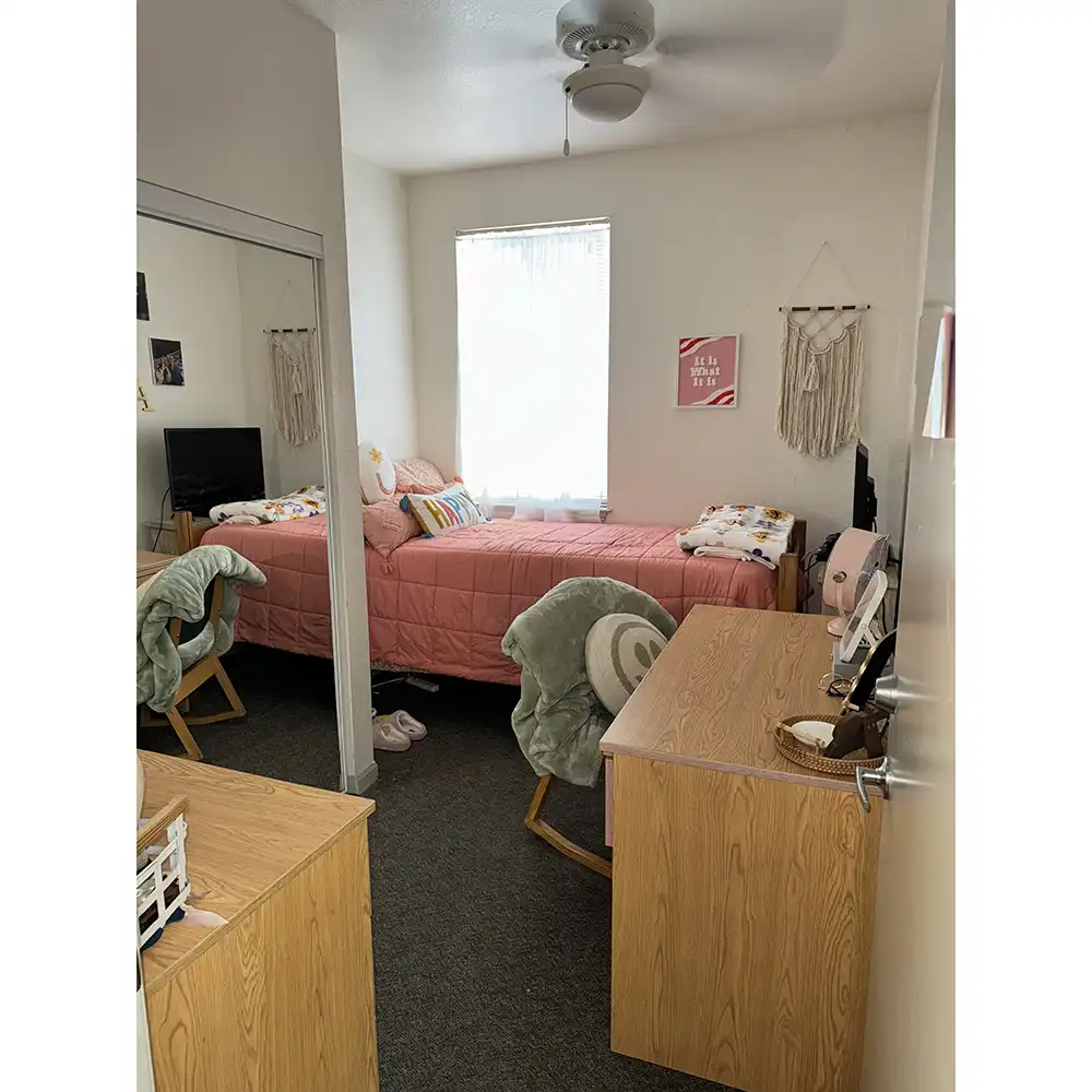 Bedroom at Sam Houston Village, SHSU, featuring a single bed with a pink quilt and decorative pillows, including one with a rainbow design. A window above the bed lets in natural light. To the right is a wooden desk with a mirror and personal items, and a green blanket draped over the office chair. Another desk with personal items and a chair covered by a green blanket is on the left, next to a wall-mounted TV. The walls are decorated with macrame art and motivational posters, including one that reads 'Life is what you bake it.' The carpeted floor has slippers near the bed.