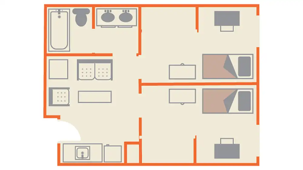 Floor plan of the two-bedroom suite in Sam Houston Village at SHSU. The entrance opens into a hallway with a open closet/storage on one side. Adjacent to this is a shared bathroom with a separate shower, toilet room, and two sinks. Two additional storage spaces are located next to the bathroom (one on each end). The unit includes two separate bedrooms, each furnished with two beds, desks, chairs, and dressers. Bedrooms are divided by walls and share access to the bathroom. Each bedroom also has a refrigerator and a microwave.  