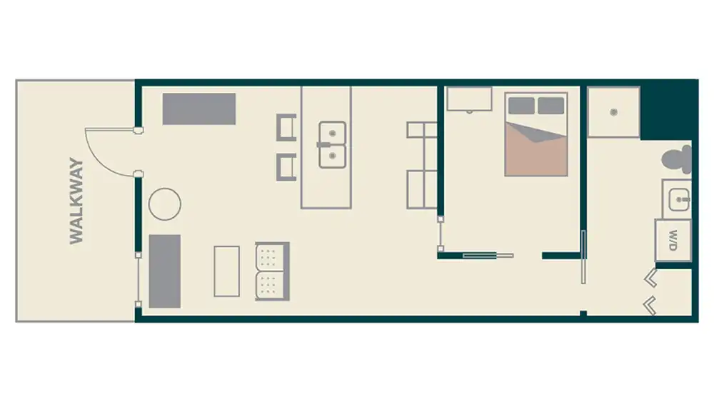​​Floor plan of a studio apartment in San Jacinto Hall at Sam Houston State University. The entrance opens into a walkway leading to a living area on the left, furnished with a couch, coffee table, and a round ottoman. An adjacent open kitchen includes a sink, stove, and refrigerator along one wall. Opposite that is the kitchen bar with two bar stools. The bar hosts a kitchen sink and a countertop microwave. Further inside is an open space. On the right side is a bedroom area with a full-size bed and dresser. A bathroom with a toilet and shower is located next to the bedroom. An in-unit stackable washer and dryer are positioned in the bathroom as well.​ 