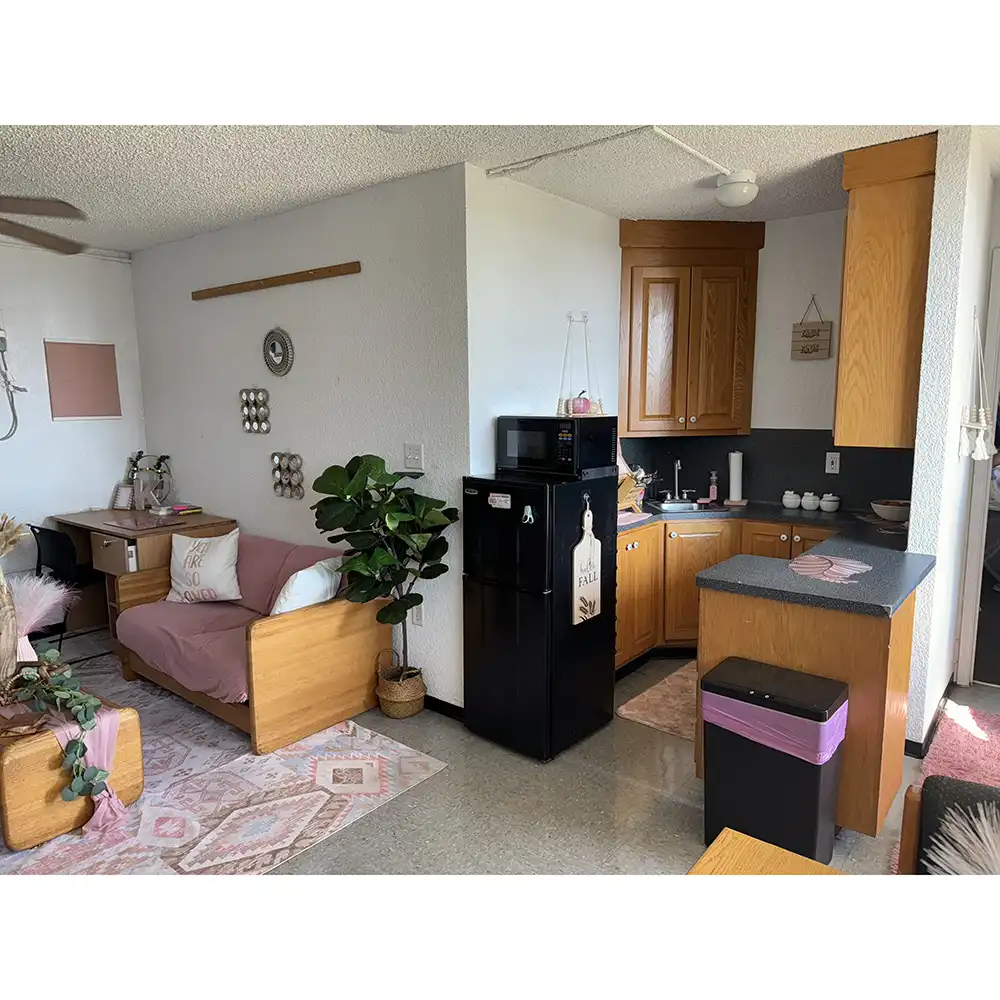 Kitchen in SHSU’s White Hall with wooden cabinets, a black mini-fridge topped with a microwave, a sink, and various kitchen items. A pink mat and trash bin add color. The adjacent living area includes a wooden sofa with pink cushions, plants, wall art, and a desk, all styled in a cozy pink and wood-toned theme.