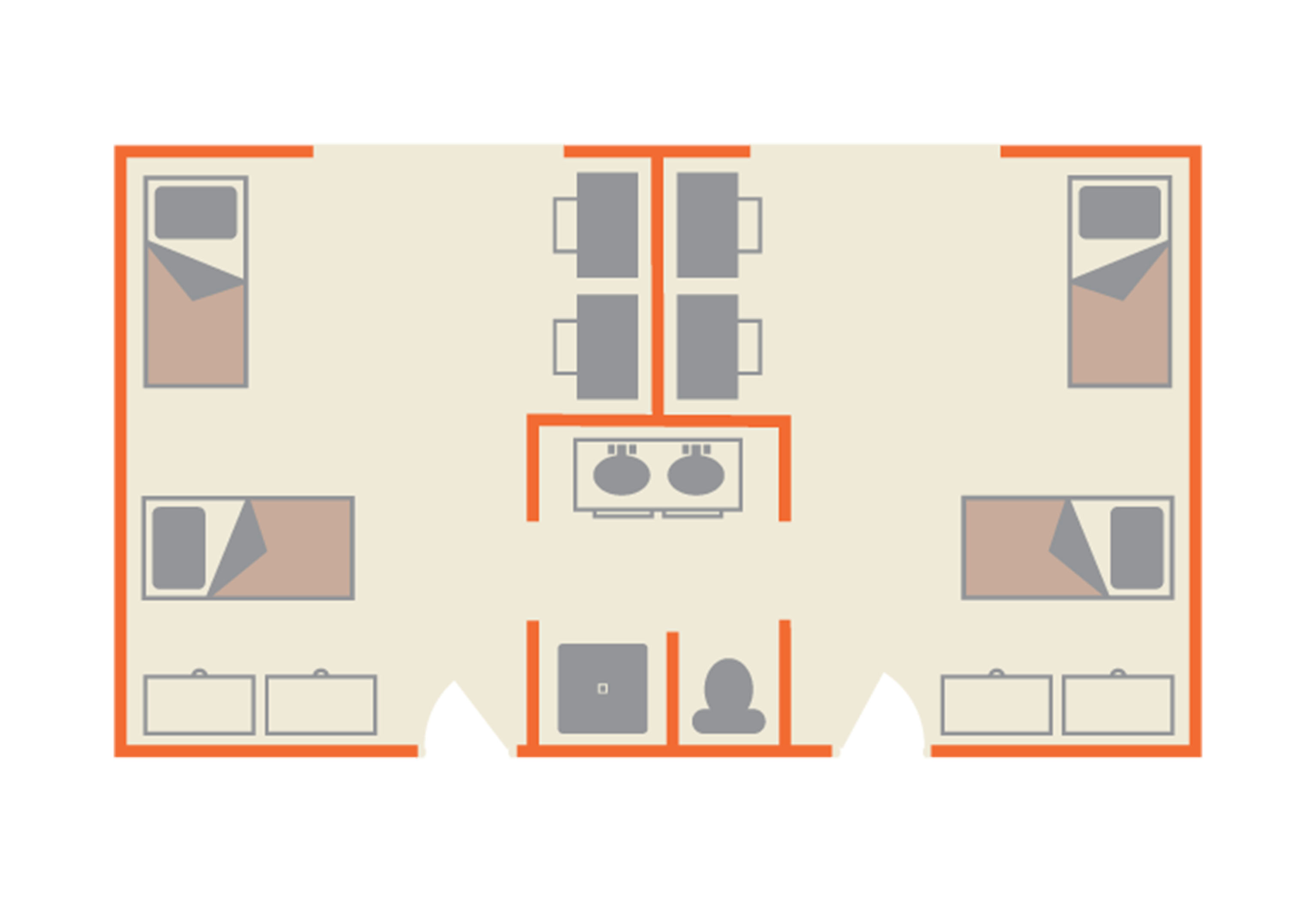 ​​Floor plan of one of the Small House Residence Hall at Sam Houston State University. The layout includes four bedrooms—two on each side—each furnished with two beds, two desks, and storage units at the foot of each bed. At the center of the plan are four desks arranged in pairs facing each other. Below the desks are two side-by-side sinks. A shared bathroom with a toilet and shower stall is located at the bottom center of the layout. Orange outlines define the walls and separate the rooms and common areas.​ 