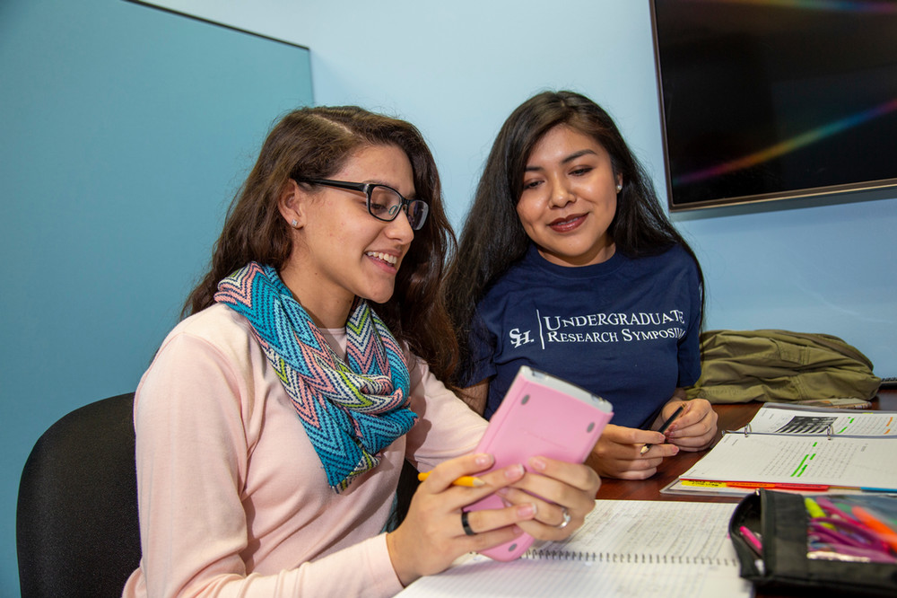 Faculty and student working on funding. 