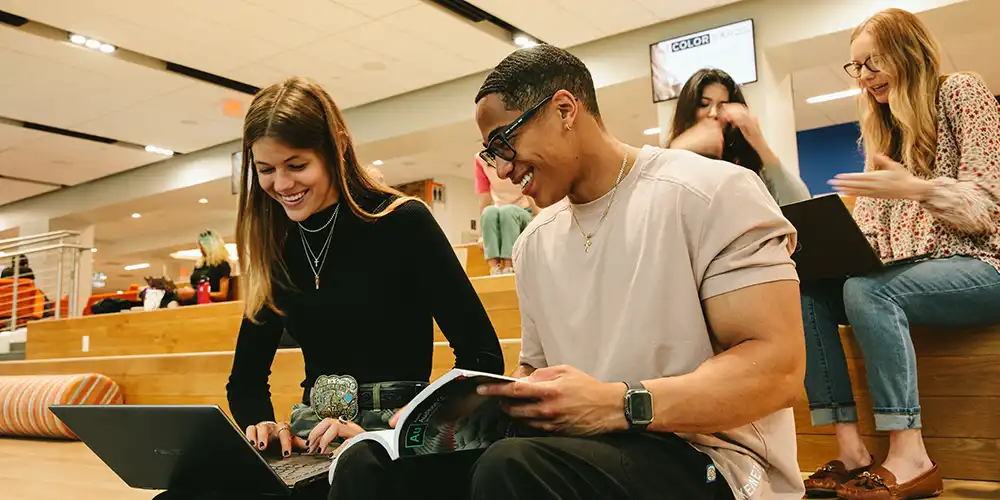Students using a laptop in the Lowman Student Center.