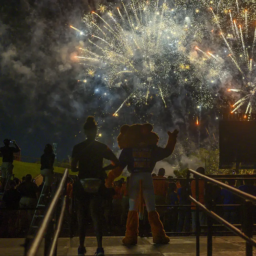 ​​Sammy the Bearkat looking at fireworks​ 