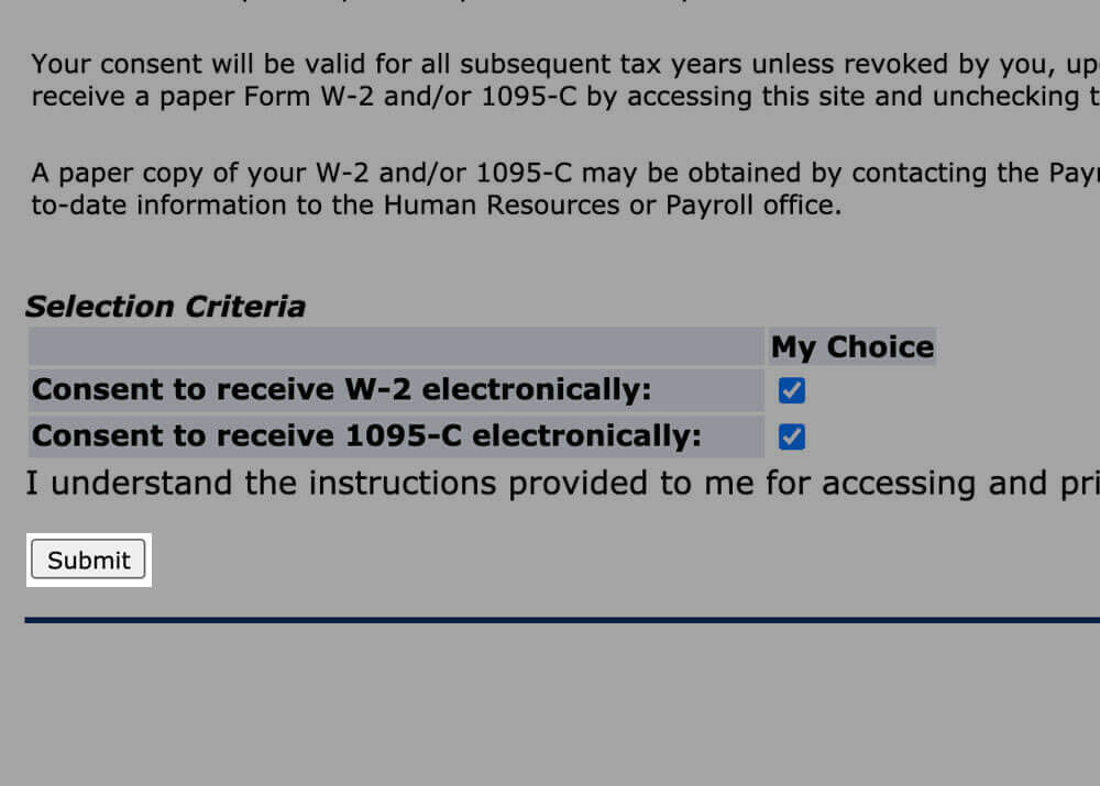 Screenshot showing the Electronic Regulatory Consent “submit” button highlighted. 