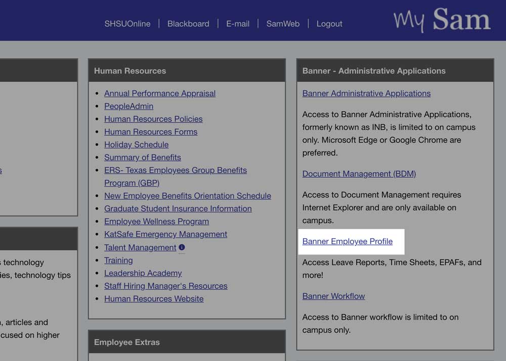 A screenshot with the MySam page highlighting Banner Employee Profile.