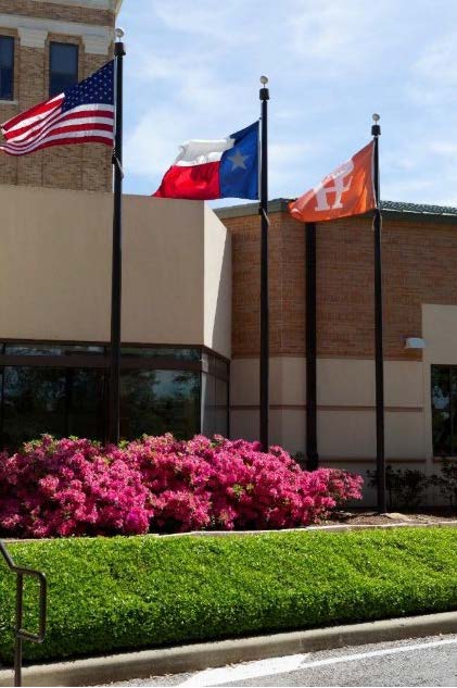 ​​Three flags—the SHSU logo flag, Texas flag, and U.S. flag—fly in front of a campus brick building, above pink flowers and neatly trimmed hedges.​ 