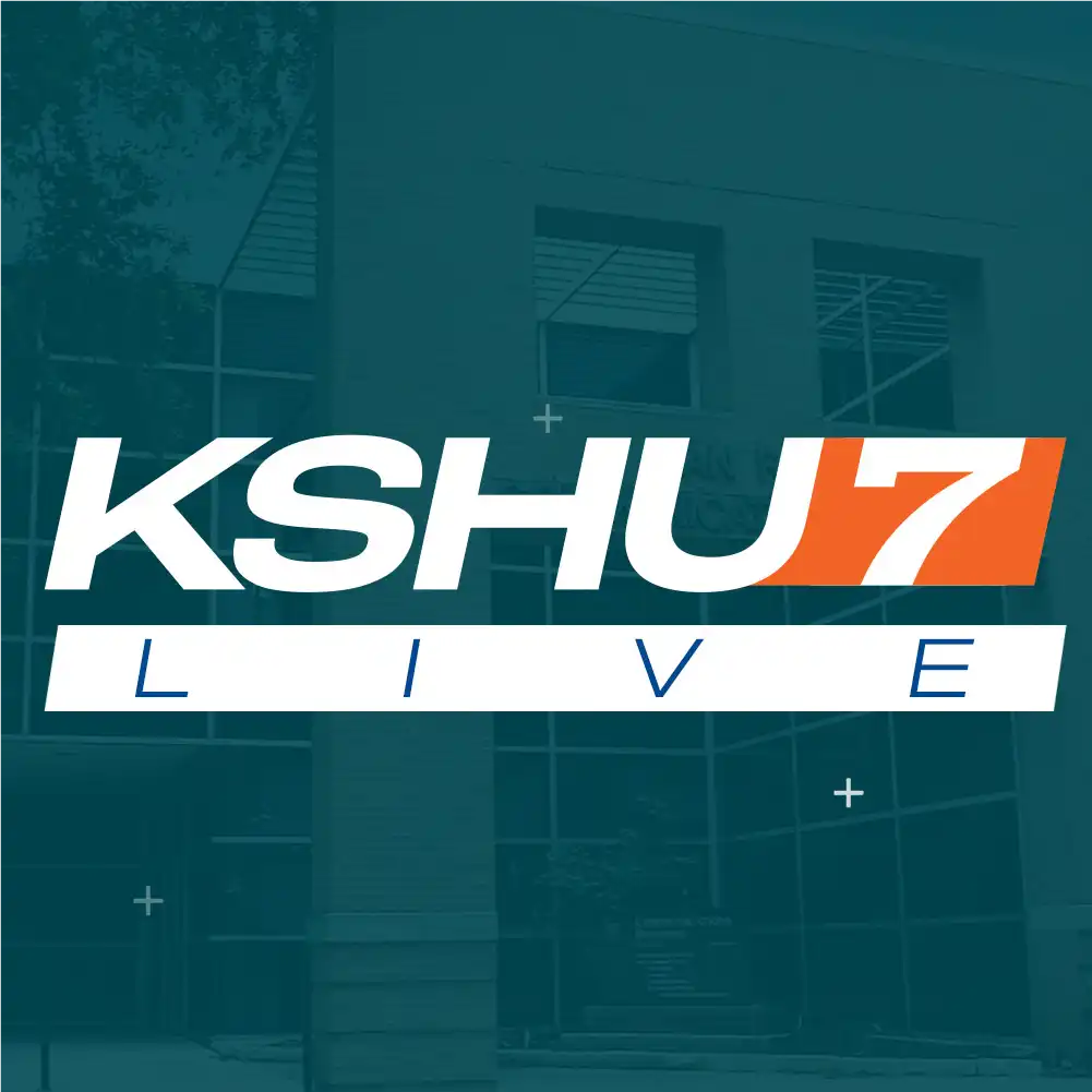 ​​Jade color overlay of Dan Rather Communications Building with the KHSU7 logo.  ​ 